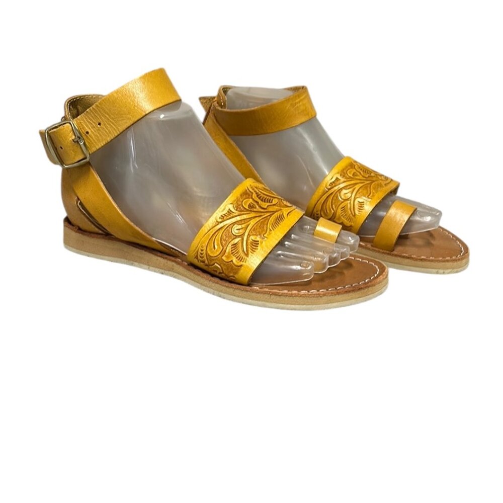 Embossed Leather Mexico Art One Toe Cross Strap Buckle Sandal Size 25  (8)